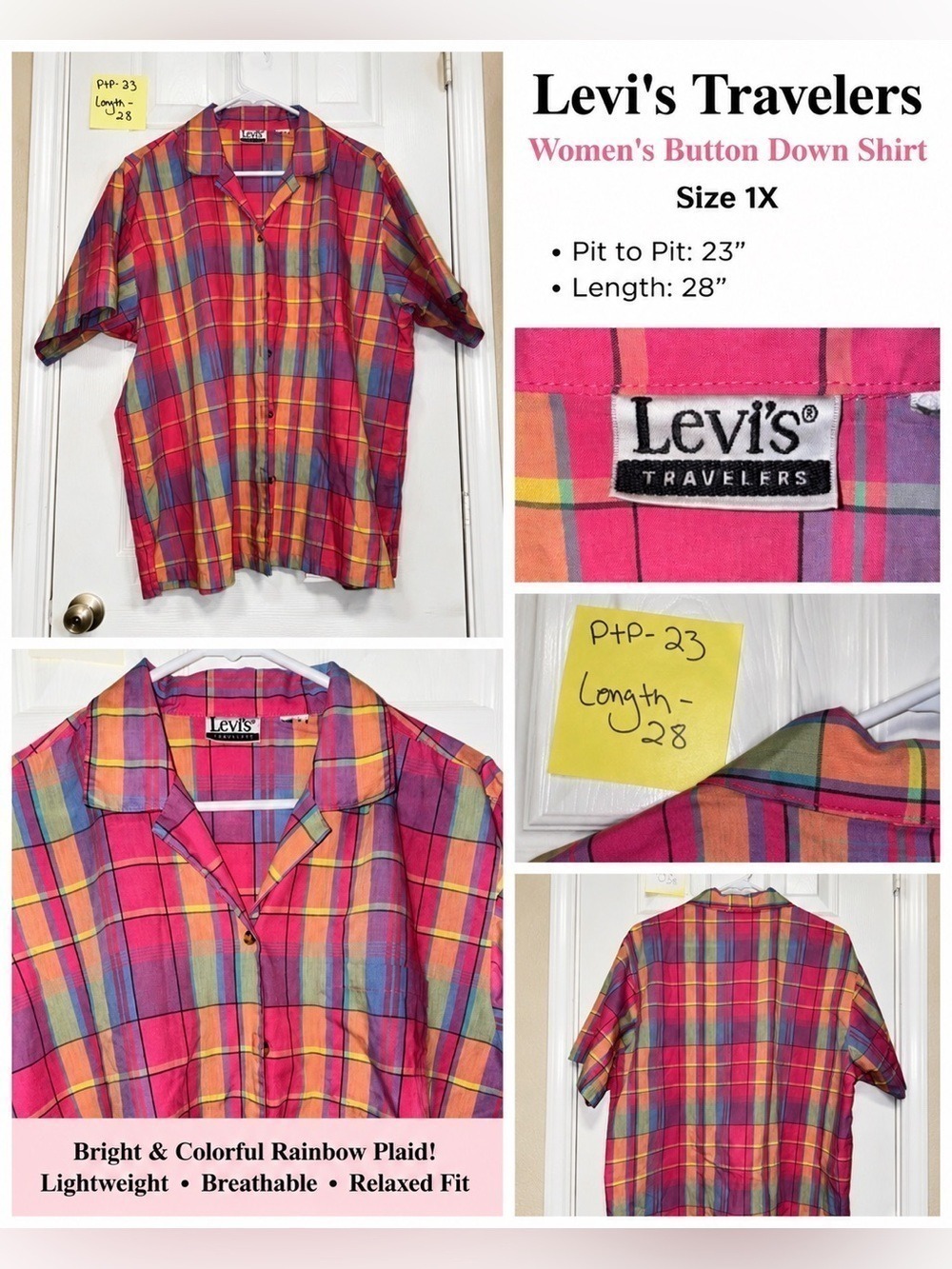 Levi’s Travelers Pink Rainbow Plaid Button Down Shirt Plus 1X Y2K Cottagecore